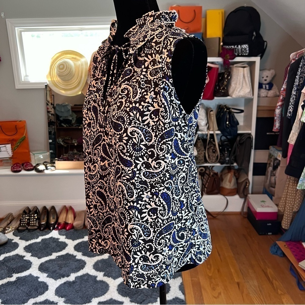 LOFT Paisley Smocked Tie Neck Mixed Media Shell - Picture 11 of 12